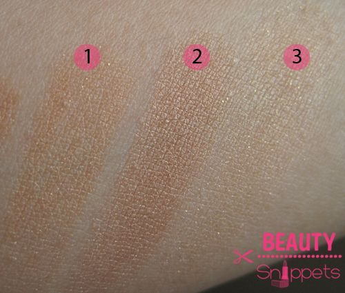 Swatches: 1 - Physicians Formula Cashmere Wear Bronzer, 2 - Tarte Park Avenue Princess mineral powder bronzer, 3 - Physicians Formula Bronze Booster Glow-Boosting Sun Stones