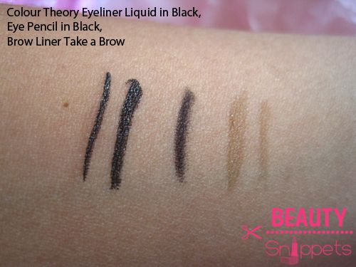 Swatches: Colour Theory Eye Liner Liquid in Black, Eye Pencil in Black, Brow Liner in Take a Brow Swatches: Colour Theory Eye Liner Liquid in Black, Eye Pencil in Black, Brow Liner in Take a Brow
