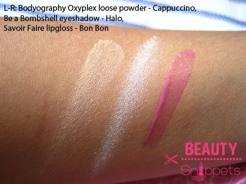 Bodyography Oxyplex loose powder in Cappuccino, Be a Bombshell eyeshadow in Halo, Savoir Faire lipgloss in Bon-Bon Bodyography Oxyplex loose powder in Cappuccino, Be a Bombshell eyeshadow in Halo, Savoir Faire lipgloss in Bon-Bon