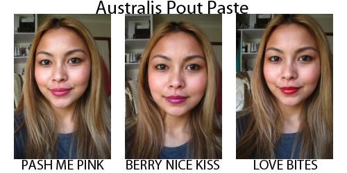 Australis Pout Paste swatches - Pash Me Pink, Berry Nice Kiss and Love Bites Australis Pout Paste swatches - Pash Me Pink, Berry Nice Kiss and Love Bites