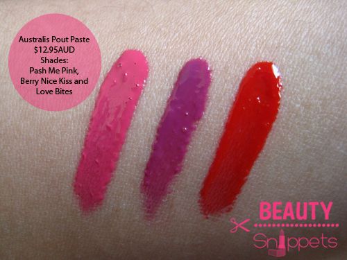 Australis Pout Paste ($12.95AUD) swatches - Pash Me Pink, Berry Nice Kiss and Love Bites Australis Pout Paste ($12.95AUD) swatches - Pash Me Pink, Berry Nice Kiss and Love Bites