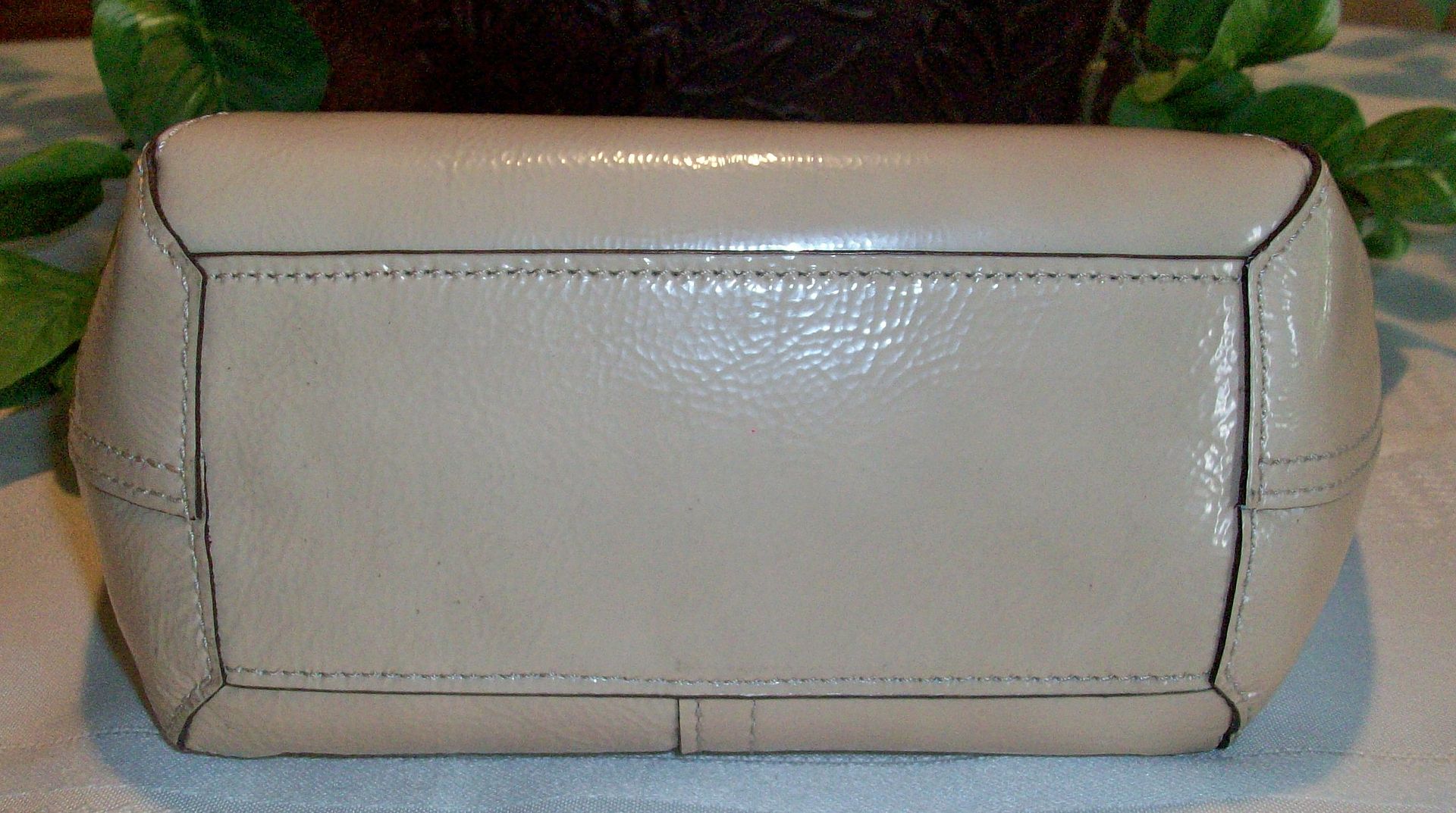 44715 bleecker patent leather top handle pouch stone bottom