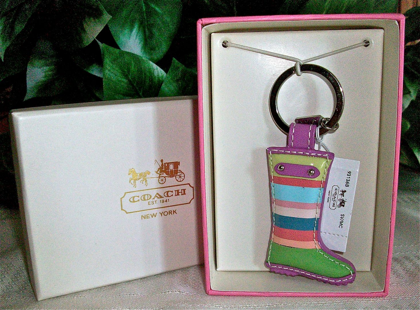 93136 leather stripe rainboot keychain fob in box