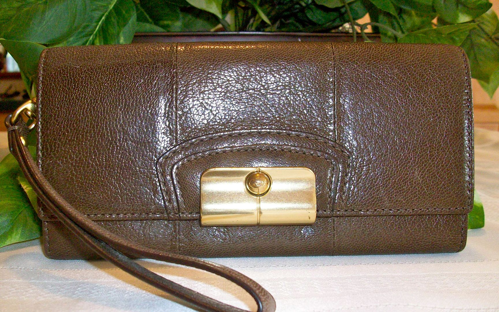 43294 kristin leather slim envelope wallet wristlet brown front