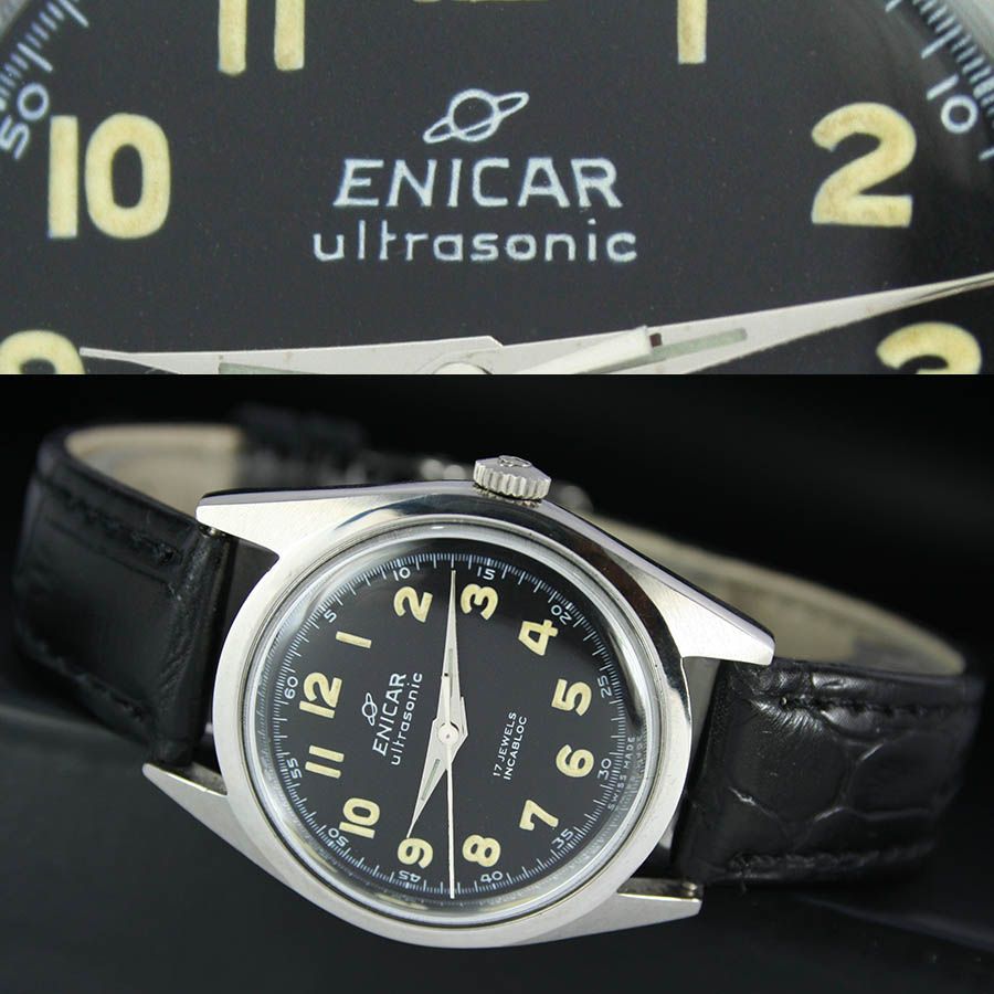 1960 Vintage SWISS ENICAR Incabloc Winding Black Radium Steel Unisex